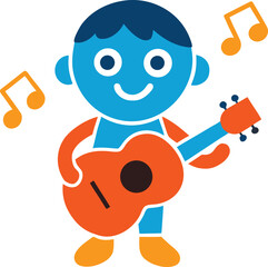 Joyful child playing guitar with musical notes in a vibrant design