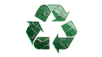 Green recycling symbol made of broken glass pieces, isolated on a transparent background