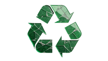 Green recycling symbol made of broken glass pieces, isolated on a transparent background