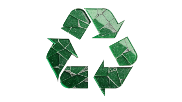 Green recycling symbol made of broken glass pieces, isolated on a transparent background