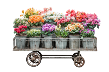 Flowers in pots on old cart, diverse colors