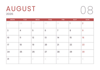 Monthly page Calendar Planner Template design of August 2026. Vector layout of calendar with week start Monday for Scheduling. Page for size A4 or 21x29.7 cm