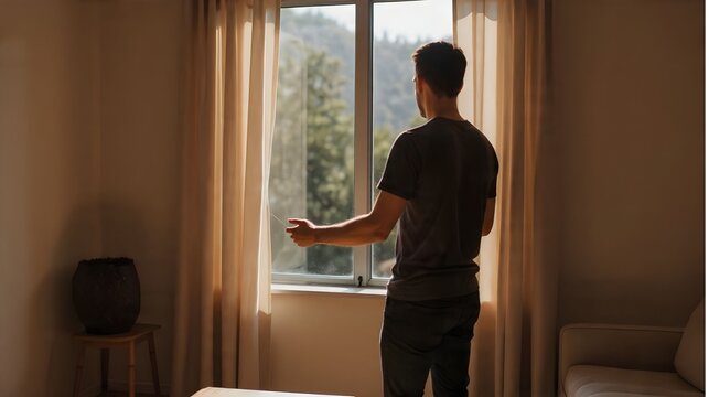 Man Opening Curtains in Morning Light at Cozy Home