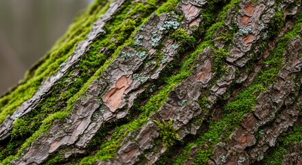 Obraz premium Close-up of Moss and Lichen on Tree Bark with Textured Natural Surface in Forest Setting