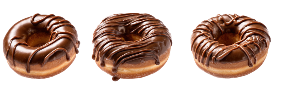 Three donuts, chocolate drizzled, on black background
