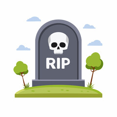 Rest in Peace Flat Vector Tombstone Illustration with Skull and RIP Text on Green Grass