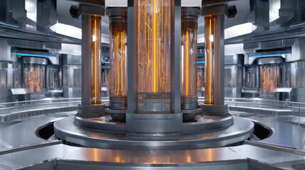 Cutaway View of an Underground Mountain Reactor with Illuminated Columns and Futuristic Design Elements