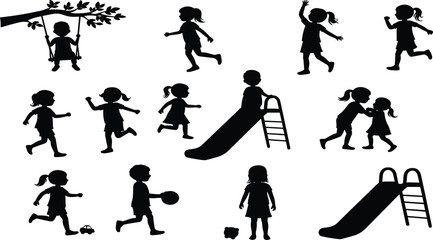 Black Silhouettes of Children Playing Outdoors in Park with Swing, Slide, Ball, and Toy Car – Joyful Childhood Moments