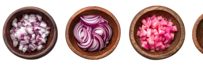 Onion prep in wooden bowls chopped, sliced, pickled