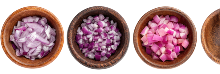 Diced red onions in wooden bowls, varied cut sizes