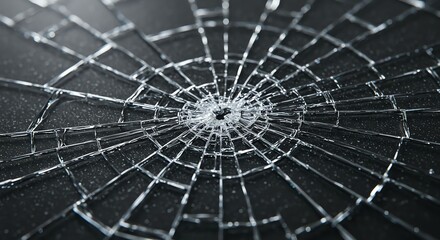 Obraz premium Closeup of Broken Glass Spider Web with Water Droplets on Dark Surface