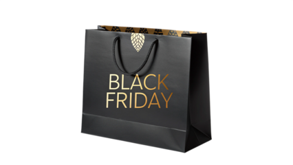 Black friday shopping bag with gold lettering, isolated on transparent background