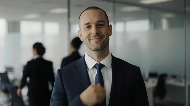 A professional businessman in a suit looks directly at the camera with a confident, knowing smirk, conveying success, self-assurance, and a hint of mystery.