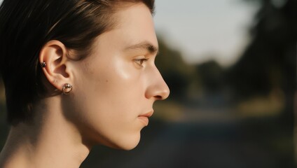 Close-up profile view of a young person outdoors, sunlit skin, and short hair