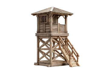 Wooden watchtower with stairs, against black