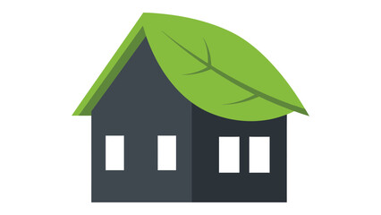 Flat vector simple house with a leaf roof, green and charcoal on pure white background , eco-home design concept.