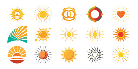 Collection of diverse stylized sun icons and symbols representing warmth light and energy