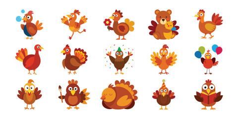 Collection of cute cartoon turkeys and a bear celebrating thanksgiving with party hats and balloons