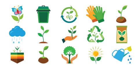 Collection of icons representing environmental protection and sustainable living concepts