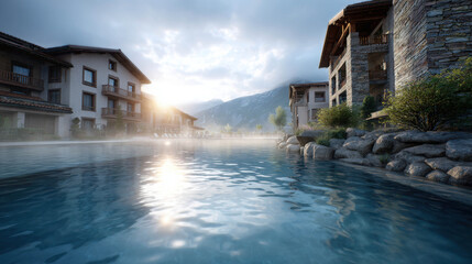 Serene Mountain Retreat Featuring Luxurious Pool and Cozy Hotel Amidst Breathtaking Scenic Views at Dusk