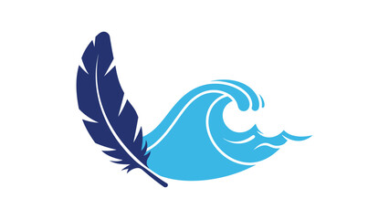 Flat vector single feather gradually transforming into a soft ocean wave, navy blue and cyan on pure white background , calm balance between air and water.
