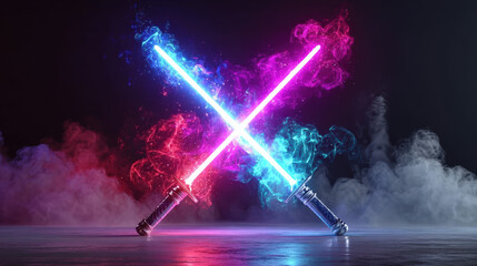 Futuristic Neon Crossed Blade Weapon With Glowing Light Effect Art. Ai Generated Images