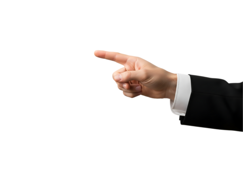 Man s hand in suit jacket pointing left isolated on transparent background