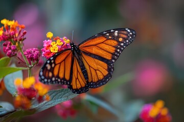 Fototapeta premium Monarch butterfly perched on vibrant flowers during the peak of springtime, contributing to the essential process of pollination in a garden