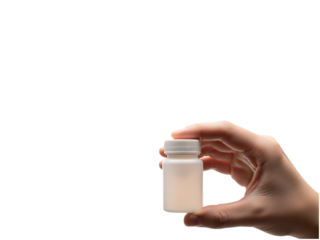Hand holding a small white bottle with liquid isolated on transparent background