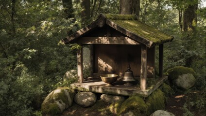 Small wooden shrine nestled in a mossy forest. Sunlight filters through trees
