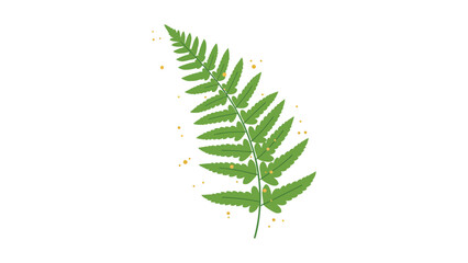 Minimal vector of a single fern leaf unfolding with tiny golden dots along its curve, symbolizing nature’s quiet rebirth, on a clean white background.