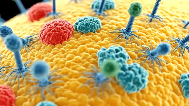 Bacteriophages attack a host cell surface, depicted in vibrant microscopic detail.