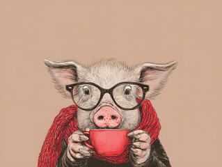 Cozy Pig With a Cup | Cute Piglet in Glasses | Warm Drink Animal Art | Charming Pig Illustration | Adorable Cozy Character | Piglet’s Quiet Moment