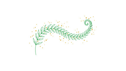 Minimal vector of a single fern leaf unfolding with tiny golden dots along its curve, symbolizing nature’s quiet rebirth, on a clean white background.