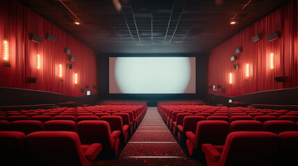 Fototapeta premium Interior Wide Angle Empty Movie Theater with Red Seats Perspective. Ai Generated Images