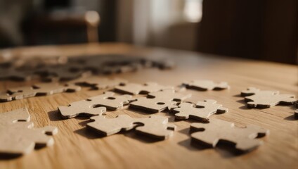 Scattered puzzle pieces on a wooden table