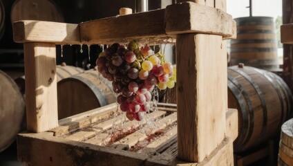 Wooden grape press, fresh grapes dripping