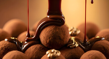 Close-up of melting chocolate being poured over round truffles, creamy texture and glossy surface, decadent dessert concept, sweet indulgence and luxury chocolate food background