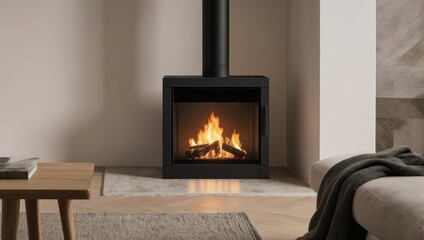 Modern black square fireplace in a light-filled room