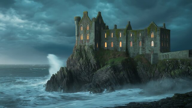 Ancient stone castle perched precariously on a dramatic cliff overlooking a turbulent stormy ocean with crashing waves and moody skies