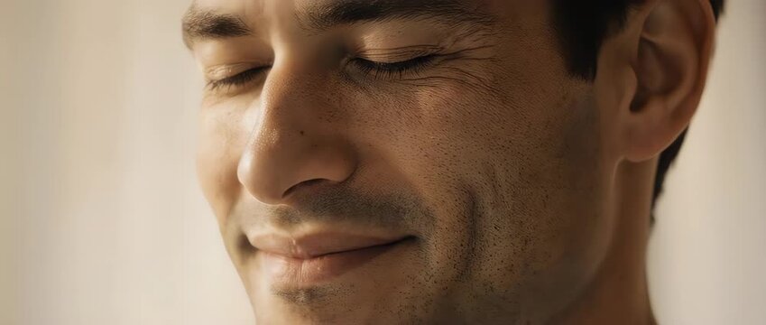 An extreme close-up captures a man's face as he exhales slowly, a gentle smile of pure relief washing over his features. A moment of peace and resolved stress.