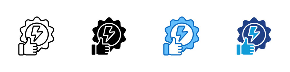 Certified Power Service Multiple Style Icon Design Vector - Thumbs up symbol with a lightning badge representing certified, approved, or guaranteed electrical power service quality