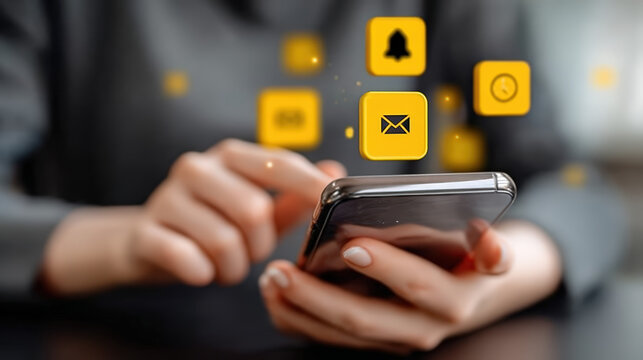 Modern Woman Using Smartphone with Floating Notification Symbol Digital Communication. Ai Generated Images