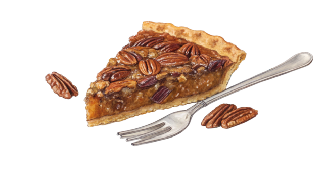 A slice of pecan pie with a golden crust and a fork, isolated on a transparent background