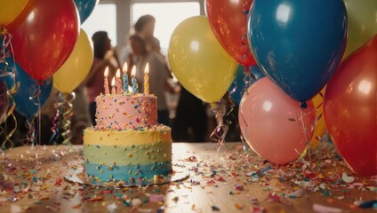 Festive birthday cake surrounded by colorful balloons and confetti. Blurred figures of people in the background suggest a party atmosphere