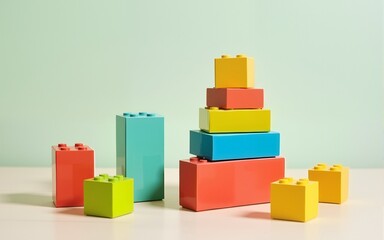 Obraz premium Kids toys. Child building tower of toy blocks. High quality