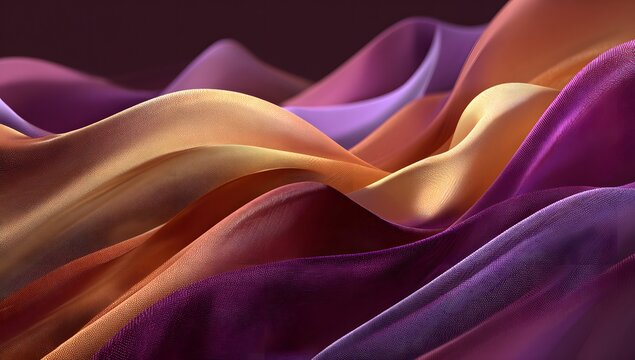 Abstract flowing fabric waves in warm sunset hues of orange purple and gold creating a luxurious textured background for design