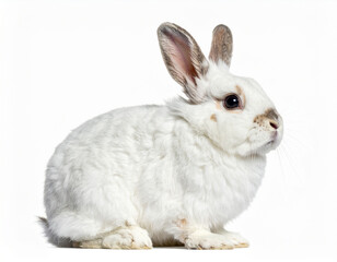 Fototapeta premium A black and white spotted rabbit viewed from above, looking upward with curious expression, rounded body and detailed whiskers visible, subtle shadowing, isolated on a transparent background.