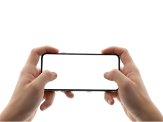 Hands holding a smartphone horizontally playing a game isolated on transparent background