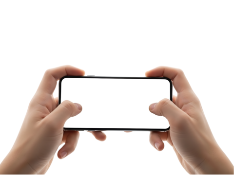 Hands holding a smartphone horizontally playing a game isolated on transparent background